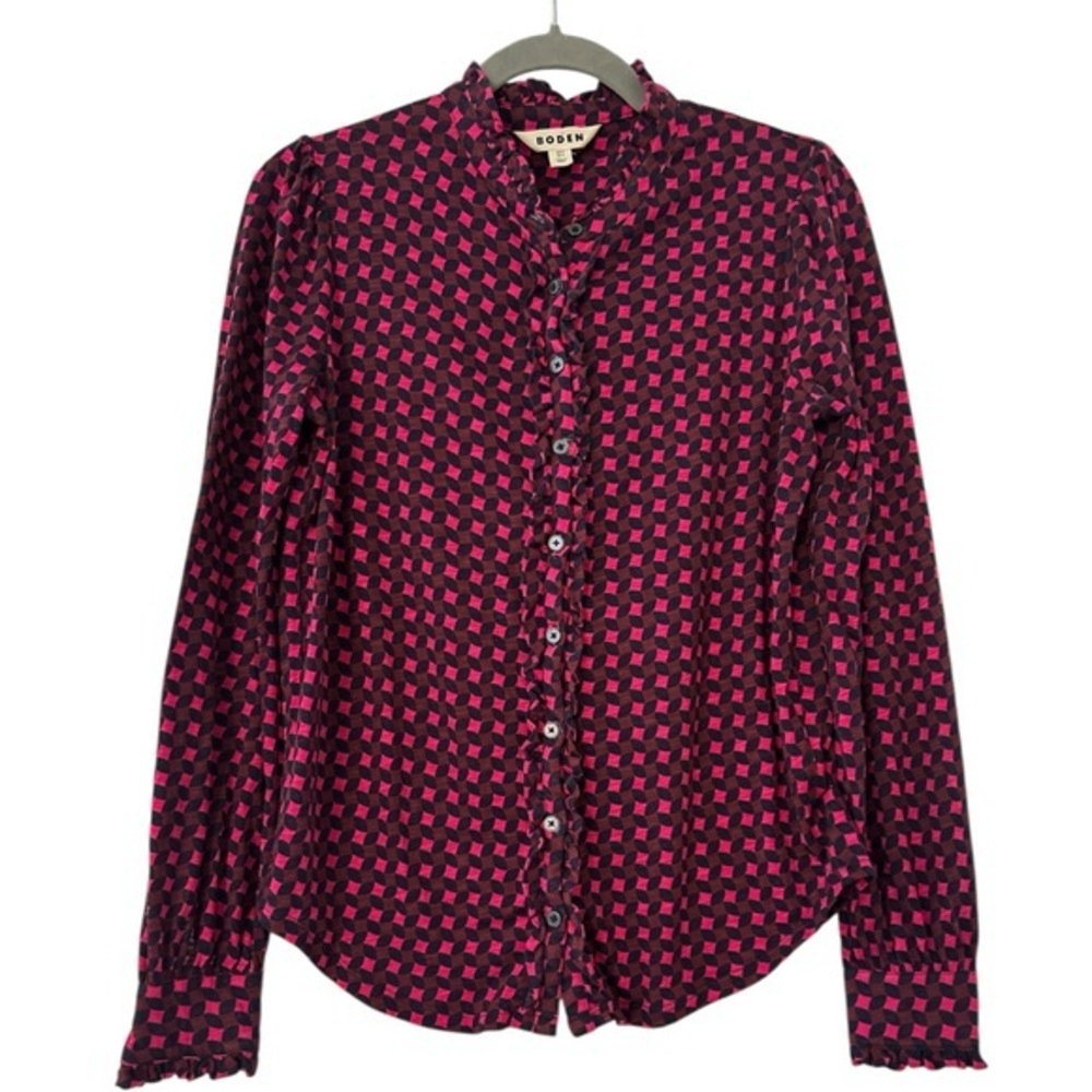 Boden Caroline Button Up Cotton Jersey Shirt  in Fuschia and Navy US Size 4